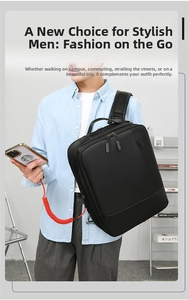 Detail of waterproof business laptop backpack with external USB port and red cable