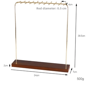 Detailed dimensions of wood and metal necklace stand with height and rod diameter specs
