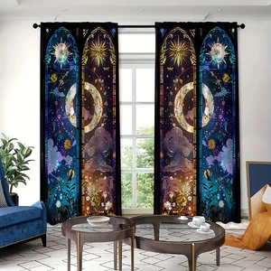 Detail of sun and moon fantasy stained glass curtains with artistic polyester print