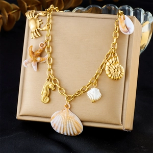 Collier À Charmes Thème Océan Acier Inoxydable Plaqué Or Coquillage Étoile De Mer Hippocampe Crabe Vacances Plage Bijoux Pour Femmes