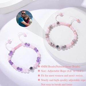 Custom photo projection bracelet with 6mm natural stone beads and braided pink rope