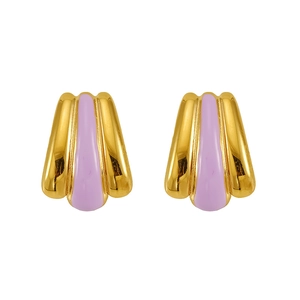 Detail of 18k gold plated fan earrings featuring purple enamel inlay on stainless steel