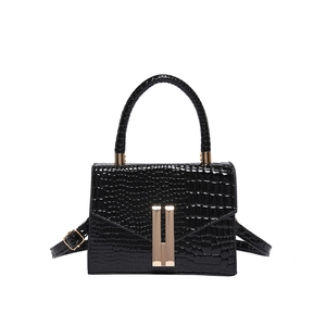 Retro black crocodile pattern top-handle bag with gold buckles and glossy leather finish
