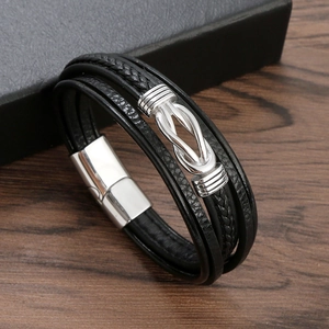 Men Multi Layer Woven Leather Bracelet With Stainless Steel Magnetic Clasp Infinity Knot Industrial Punk Style Jewelry