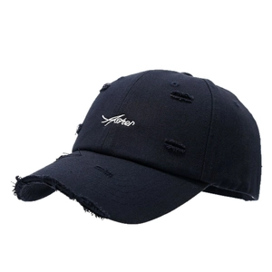 Distressed navy blue cotton baseball cap with white Aster embroidery and torn brim detail