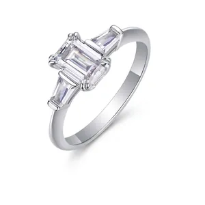 Emerald Cut Moissanite Ring 925 Sterling Silver Three Stone Engagement Wedding Anniversary Band For Women Luxurious Jewelry Gift