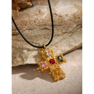 Hammered 18K gold stainless steel cross necklace with colorful zircon on black cord