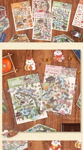 Macro detail of Chinese style DIY cat landscape stickers with traditional motifs