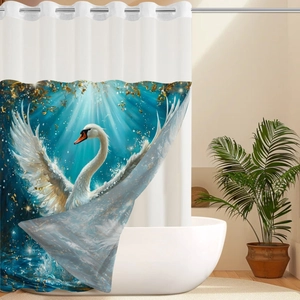 Waterproof bathroom shower curtain featuring elegant white swan print and golden sparkle details