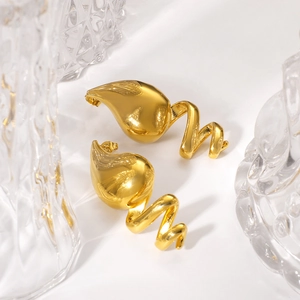 Polished 18k gold plated stainless steel teardrop spiral earrings on a minimalist background