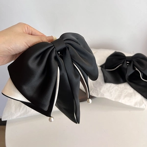 Large Satin Bow Hair Claw Clip Elegant Color Block Fabric Hairpin With Artificial Pearl Pendants Fashion Headwear For Women