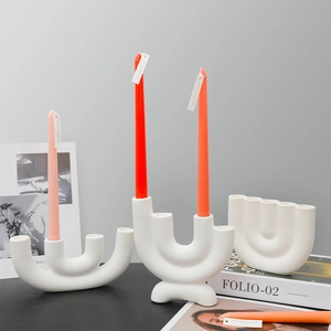 Modern white matte ceramic geometric candle holder set for romantic home table decoration