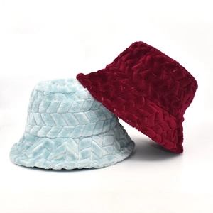 Plush Faux Fur Bucket Hat For Women Winter Warm Soft Textured Chevron Pattern Solid Color Outdoor Fashion Hat