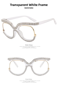 Close-up of diamond-encrusted owl frame glasses with transparent rims and gold accents