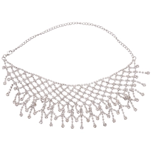 Exaggerated silver mesh necklace with sparkling rhinestones and dangling fringe tassels