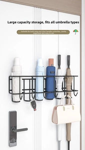 Wall-mounted black metal umbrella rack with hooks for long and folding umbrellas