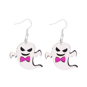 Detailansicht weißer Cartoon-Geist-Ohrringe mit rosa Glitzerschleifen für Halloween-Kostüme