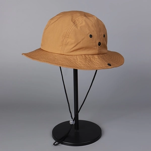 Detail view of khaki quick-dry sun hat showing ventilation eyelets and windproof cord