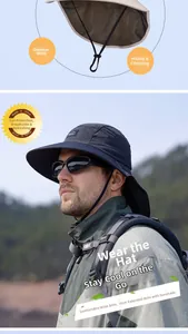 Detail of 10cm wide brim and neck flap on quick-dry outdoor sun hat for men