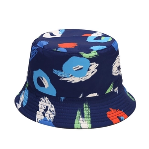 Deep blue bucket hat with colorful graffiti prints for outdoor summer sun protection