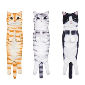 Three cute hanging cat hand towels in orange, grey and black patterns on white background