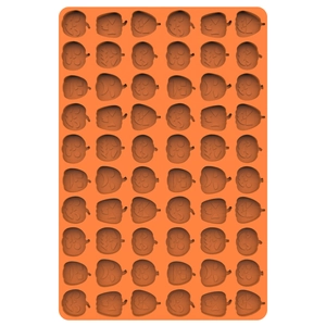 Top-down view of an orange silicone mold with multiple pumpkin face cavities for Halloween