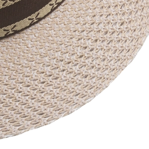 Close-up of beige knitted sun hat with intricate weave and brown patterned ribbon