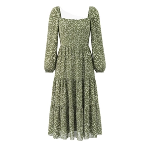 Robe Maxi Femme Imprimé À Pois Col Carré Manches Bouffantes Froncée Jupe À Étages Polyester Décontractée Élégante