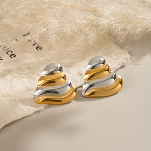 Two Tone Heart Shape Wave Textured Stud Earrings For Women Stainless Steel Gold Silver Color Block Earrings Jewelry