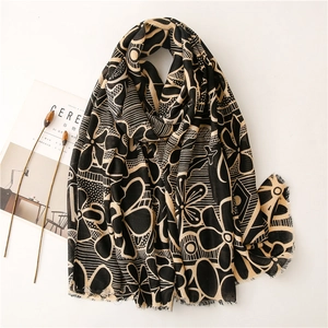 Artistic black and yellow floral print cotton linen scarf shawl with fringe details