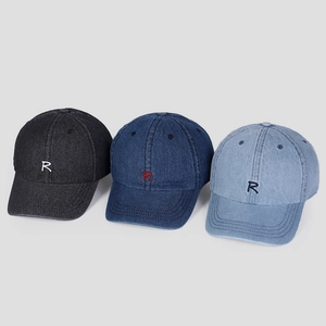 Three-pack denim baseball caps with R embroidery in black, dark blue, and light blue