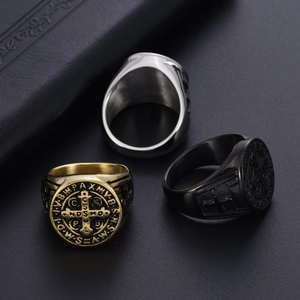 Vintage Saint Benedict cross ring for men in gold, silver and black stainless steel