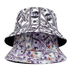 Detail view of stylish bucket hat featuring all-over US dollar bill print patterns.