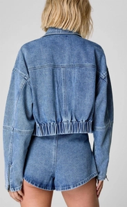 Rear view of light blue denim cargo jacket and shorts set with elastic waist detail