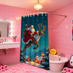 Detail showing Santa Claus and reindeer over a snowy village on a festive bath curtain
