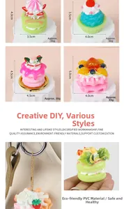 Close-up of pink waffle cake keychain with cream and strawberry detail made of PVC