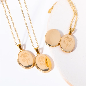 Three gold oval rose engraved locket necklaces shown in open and closed positions