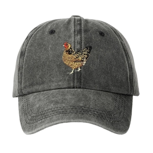 Vintage dark grey washed cotton baseball cap with realistic rooster embroidery