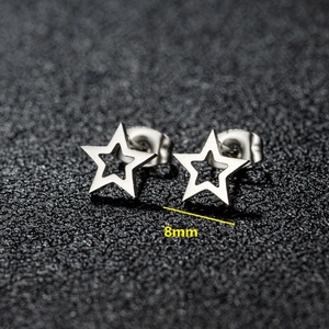 Pair of 8mm minimalist silver star stud earrings in cutout stainless steel design