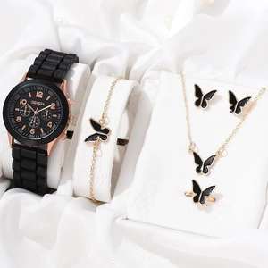 Elegant 5-piece women's watch set with black butterfly jewelry and rose gold details