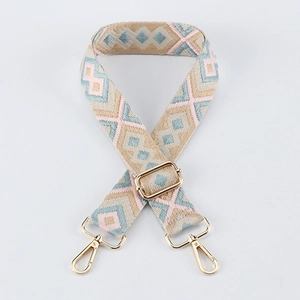 Detail of bohemian geometric woven bag strap with adjustable gold lobster clasps