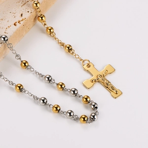 6mm stainless steel round bead rosary necklace with golden crucifix pendant