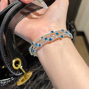 Geometric Triple Layer Open Bangle Bracelet With Blue And White Zircon Stones Luxury Elegant Fashion Jewelry For Women