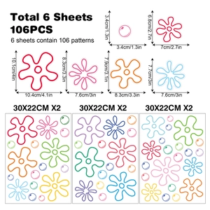 Dimensions and layout for 106pcs colorful bubble and flower wall stickers set