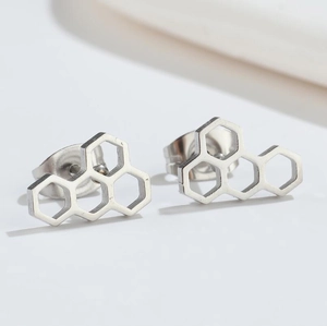 Minimalist silver honeycomb cutout earrings in geometric stainless steel design