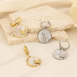 Stainless Steel Butterfly Pendant Hoop Earrings With Mother Of Artificial Pearl Inlay Frosted Round Jewelry For Women