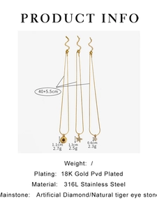 Detailed specs of 18K gold plated stainless steel necklaces with tiger eye and diamonds