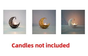 Hollow crescent moon candle holders in black, gold, and white finishes, candles not included