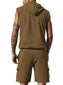 Back view of men's distressed brown sleeveless hoodie and matching cargo shorts set
