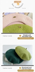 Detail of wool beret set in pink and green with a premium LWOBEING metal logo badge